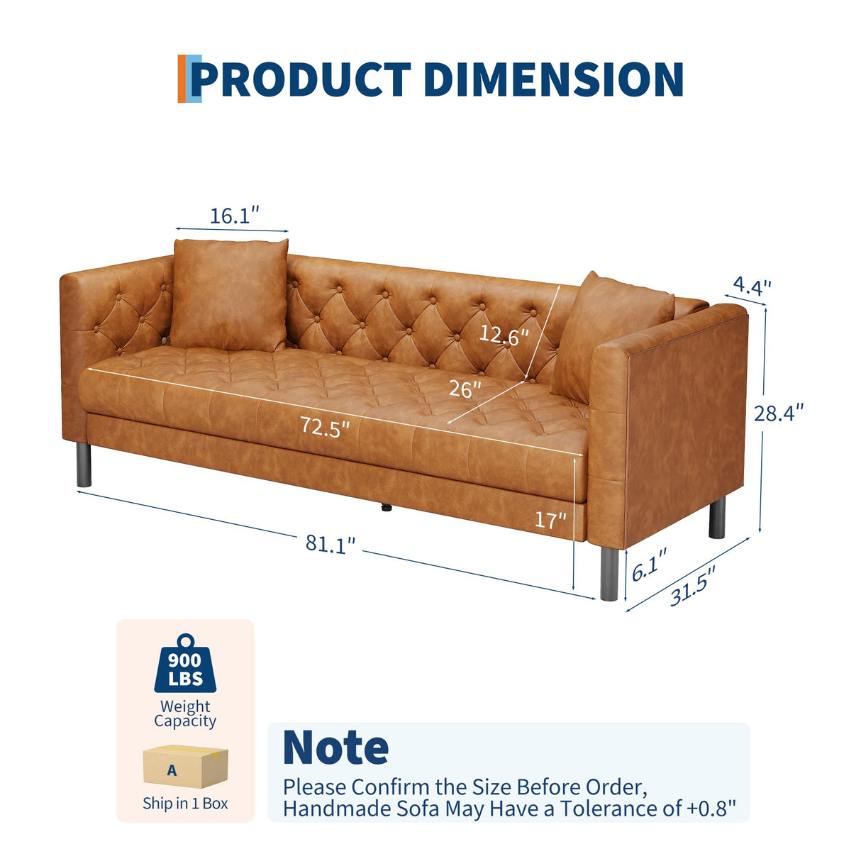 GarveeHome 81 in Leather Couch for Living Room, Modern Leather Sofa with Deep Seat, Handmade Button Tufted 3 Seater Sofa, Chesterfield Couch for Apartment, Office, Cognac Tan GarveeHome