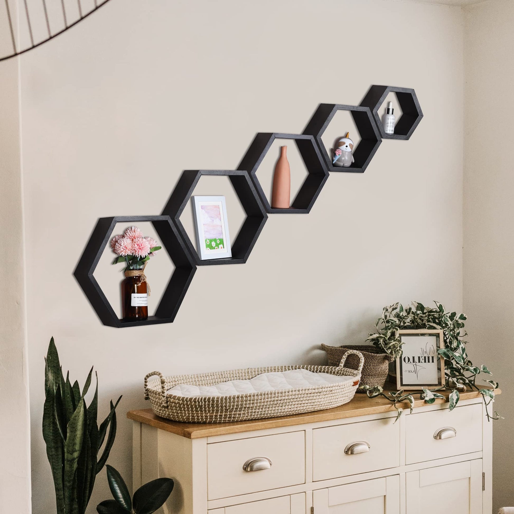 PHOENANCEE Hexagon Floating Shelves,Wall Mounted Wood Farmhouse Storage Honeycomb Wall Shelf Set of 5,for Bathroom, Kitchen, Bedroom, Living Room,Office,Home Room Wall Decor Driftwood Finish - WoodArtSupply