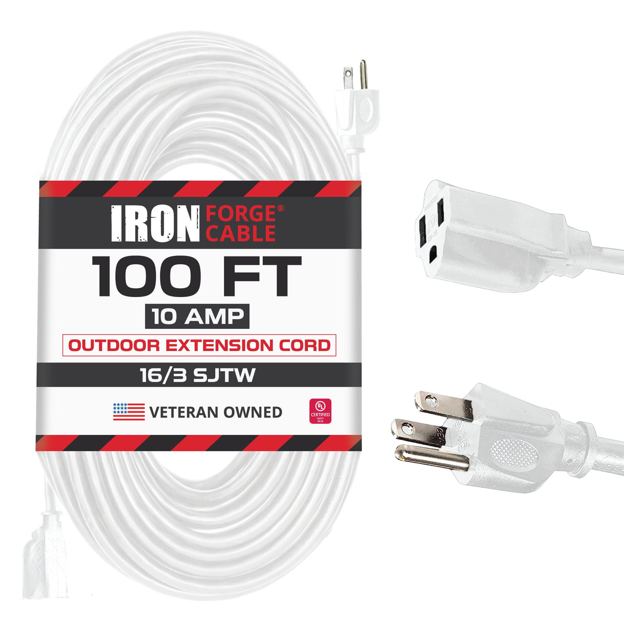 Iron Forge Cable Outdoor Extension Cord 100 ft, 16 Gauge Heavy Duty Power Extension Cords 3 Prong Weatherproof - SJTW - Great for Outdoor Lights, Lawn, Household Appliances - White IRON FORGE CABLE
