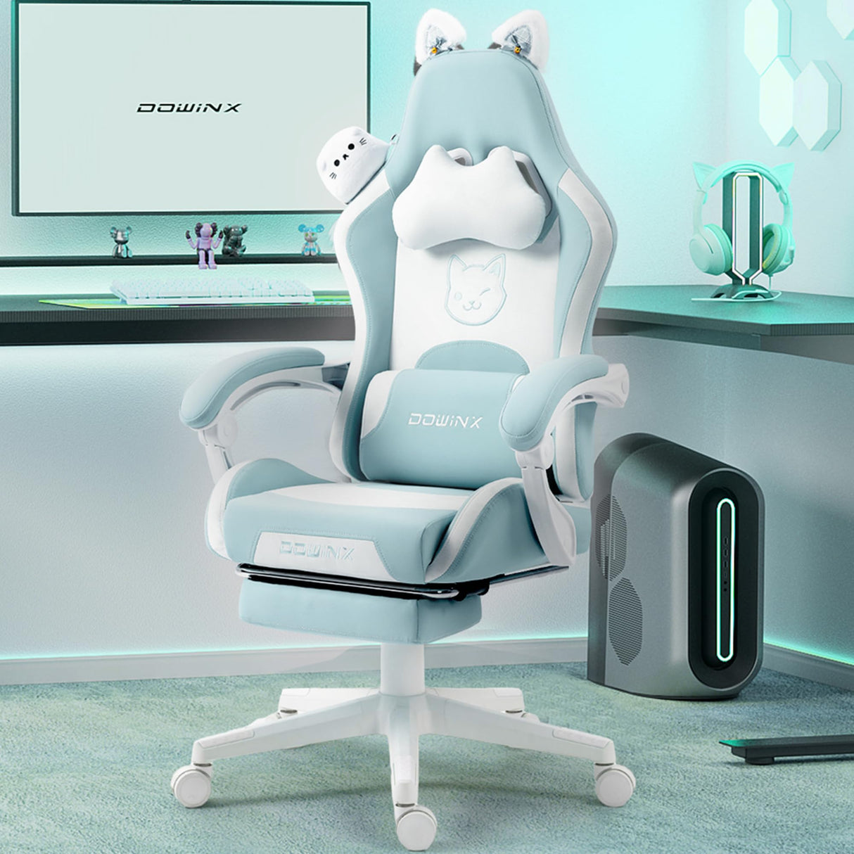 Dowinx Gaming Chair Cute with Cat Ears and Massage Lumbar Support, Ergonomic Computer Chair for Girl with Footrest and Headrest, Comfortable Reclining Game Chair 290lbs for Adult, Teen, Blue Green Dowinx