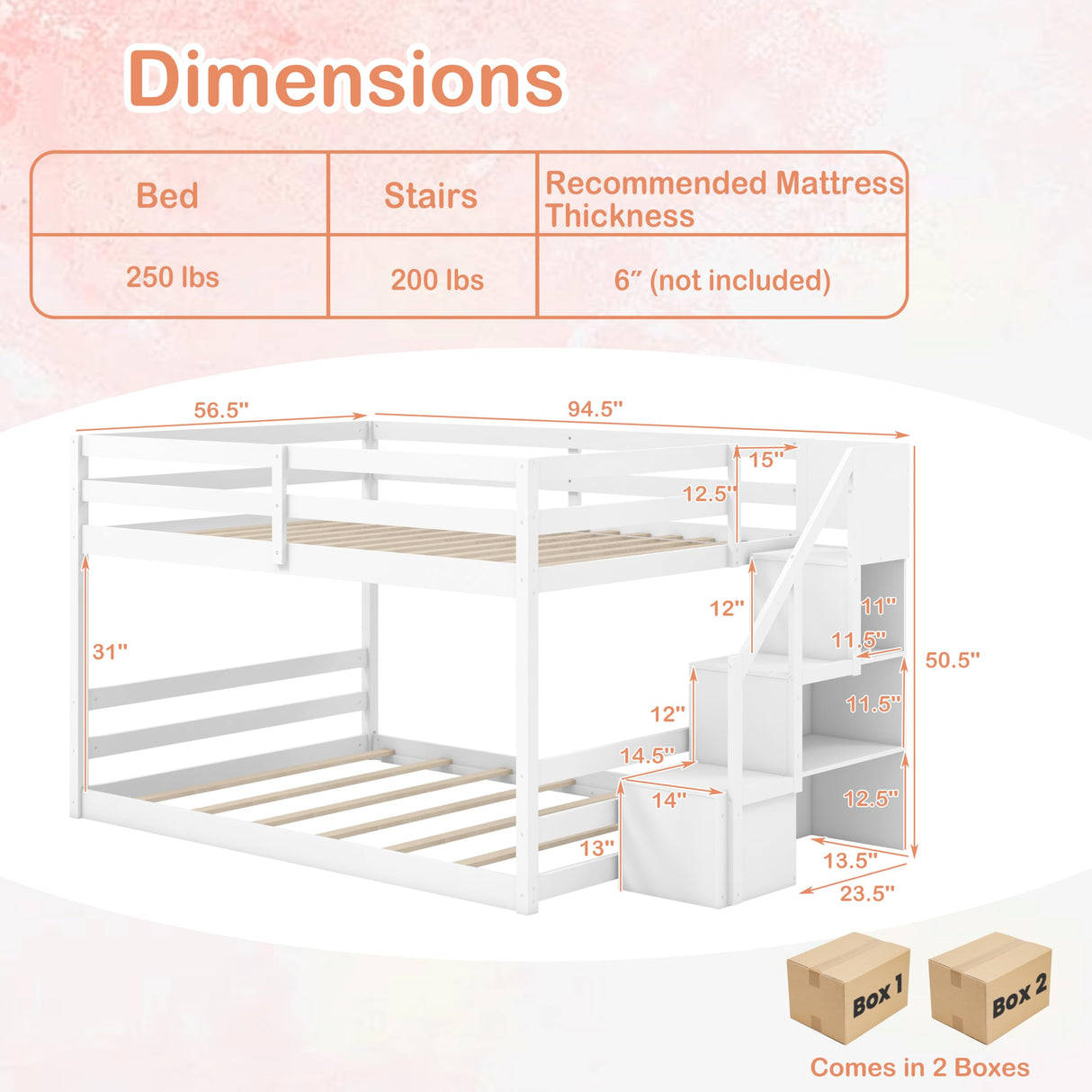 KOMFOTT Wood Full Over Full Low Bunk Bed with Storage Staircase, Wooden Bunk Bed Frame with Full-Length Guardrails, Low Profile Kids Bed with Slats Support, No Box Spring Needed KOMFOTT