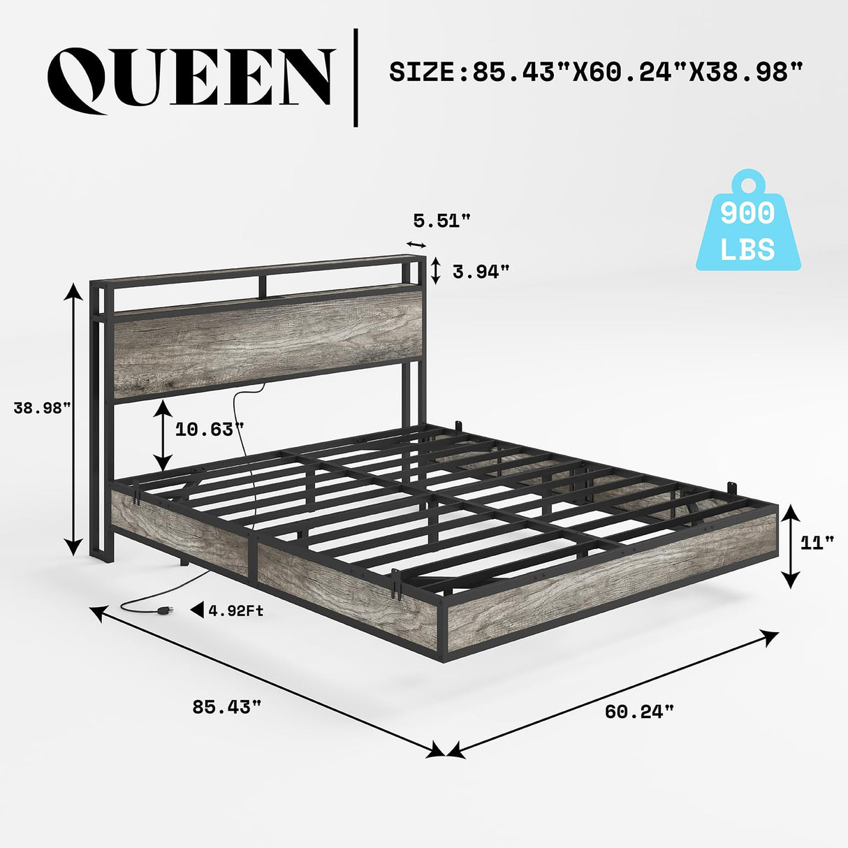 AMERLIFE Queen Size Floating Bed Frame with LED Lights and Storage Headboard in Rustic Grey AMERLIFE