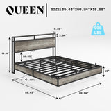 AMERLIFE Queen Size Floating Bed Frame with LED Lights and Storage Headboard in Rustic Grey AMERLIFE