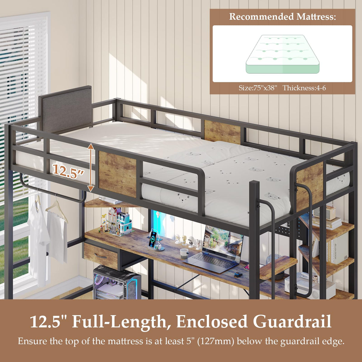 Dnxao Loft Bed Twin Size with Desk,Twin Loft Bed with Storage Organizer,LED Lights and Charging Station, Bunk Bed with Desk, Space Saving, Noise Free, No Box Spring Needed,Rustic Brown Dnxao