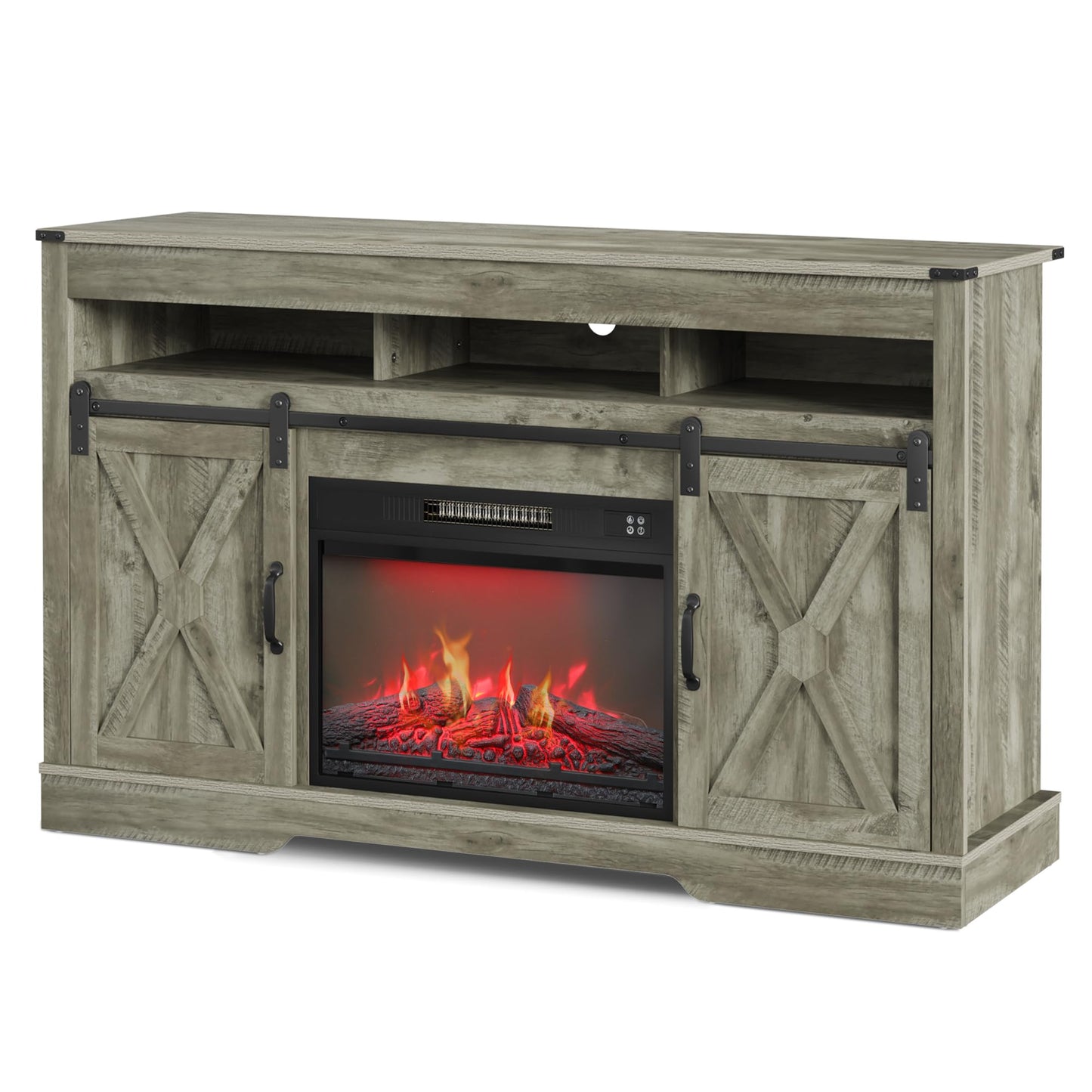 May in Color Fireplace TV Stand for 65+ Inch TV, Farmhouse Entertainment Center with 23" Electric Fireplace with Remote, Modern Rustic TV Console with Sliding Bar Door for Living Room,Light Grey