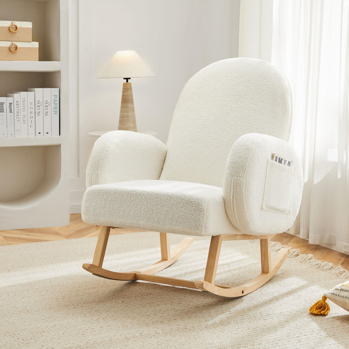 Jocoevol Upholstered Rocking Chair, Glider Chair with Side Pocket, Rocking Accent Chair with Rubber Wood Legs, Wooden Nursery Rocking Chair for Living Room, Bedroom, Nursery Jocoevol