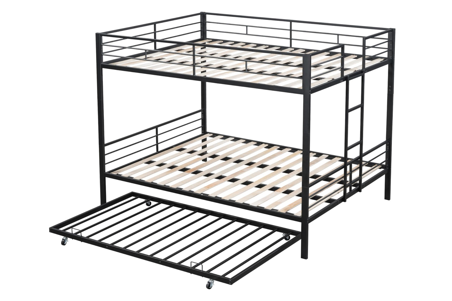 PVWIIK Queen Over Queen Metal Bunk Bed with Trundle for Kids,Heavy Duty Bunk Bed w/Ladder & Full Length Guardrail No Box Spring Needed,for Dorm,Bedroom,Guest Room, Black