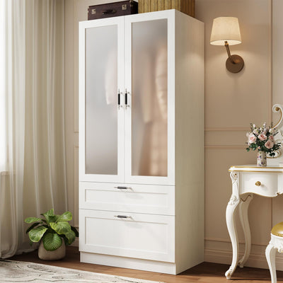 MEISSALIVVE 2 Door Wardrobe Cabinet with Hanging Rod & 2 Drawers, 70.9''H Armoire Wardrobe Closet with Frosted Glass, Wardrobe Clothes Storage Closet Cabinet for Bedroom, Wood Grain