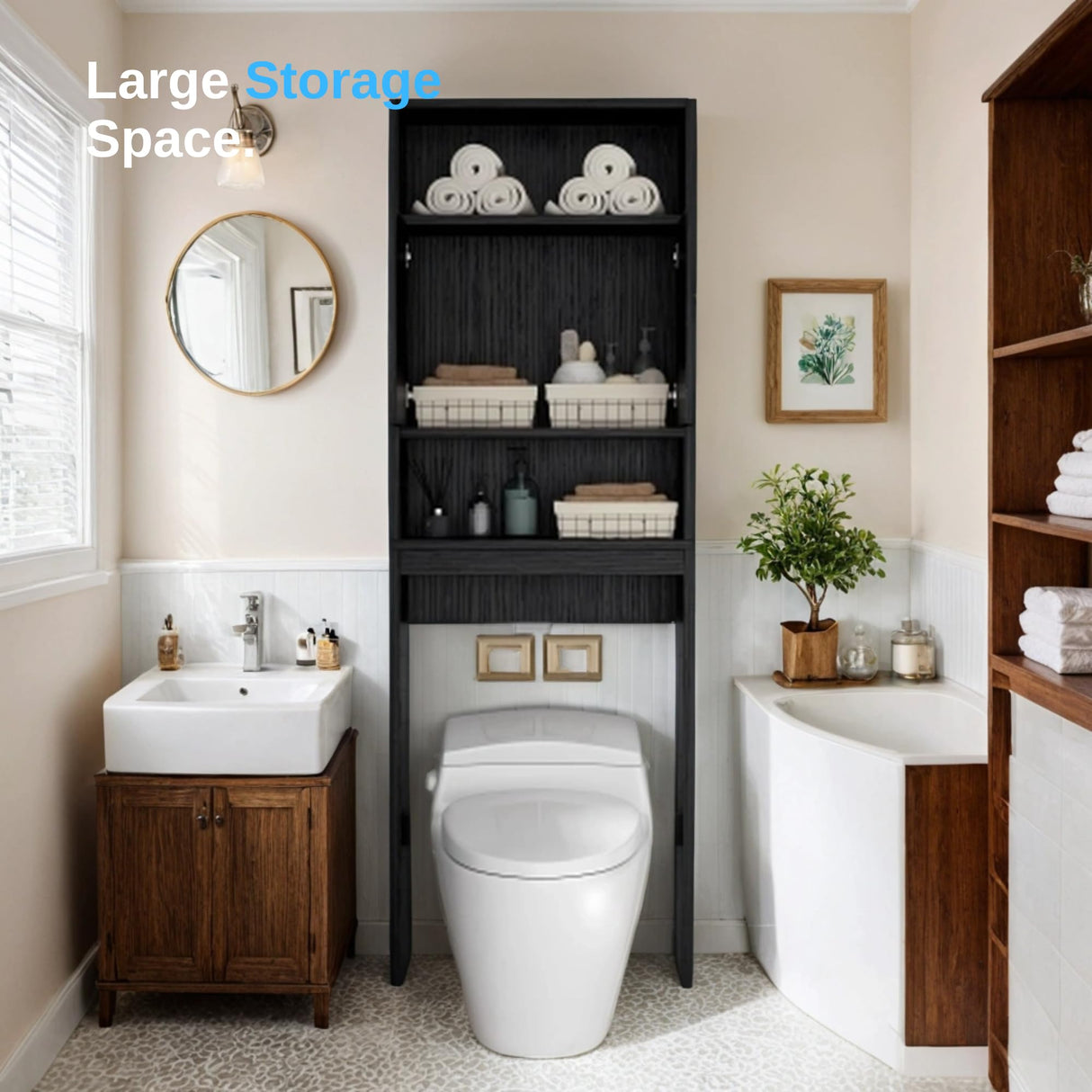 Tydaris Black Over The Toilet Storage Cabinet with Adjustable Shelf and Double Doors Tydaris