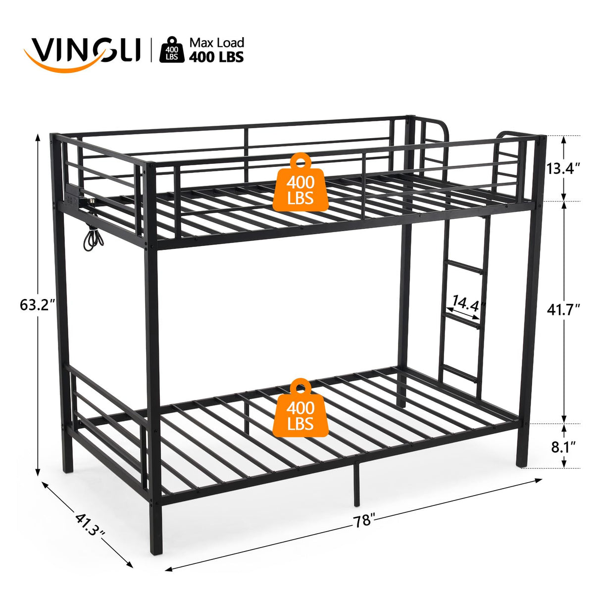 VINGLI Metal Bunk Bed Frame Twin Over Twin with LED Lights, Non-Slip Ladder, Full Length Guardrail, Charging Station, for Kids, Teens & Adults, Space-Saving, No Box Spring Needed, Black VINGLI