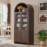 IFGET 71" Tall Arched Kitchen Pantry Cabinet, Modern Farmhouse Kitchen Storage Cabinets with Open & Adjustable Shelves, Hidden Drawer & Glass Door, Versatile Cupboard for Kitchen, Dining Room, Brown IFGET