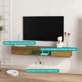 Floating TV Stand Shelf for TVs up to 80 Inch, Floating TV Cabinet with LED Light, Modern Wall Mounted Media Console Shelf with Power Outlets, Entertainment Center for Under TV Storage, Brown Msutree