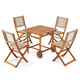JFHID 5 Piece Outdoor Patio Dining Set, Acacia Wood Outdoor Table and Chairs with Wheels, Farmhouse Style Portable Dining Set for Backyard, Deck & Poolside JFHID