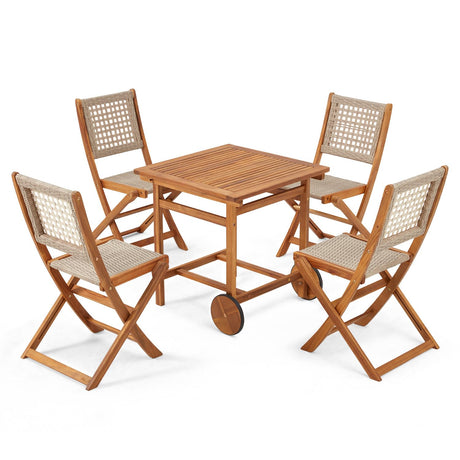 JFHID 5 Piece Outdoor Patio Dining Set, Acacia Wood Outdoor Table and Chairs with Wheels, Farmhouse Style Portable Dining Set for Backyard, Deck & Poolside JFHID