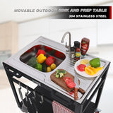 Feasto 35” Outdoor Grill Cart with Sink, Outdoor Kitchen Sink Station with Hose Hook Up, Free Standing Sink with Wheels, 304 Stainless Steel Sink with Single Bowl, Outdoor Utility Sink with Faucet Feasto