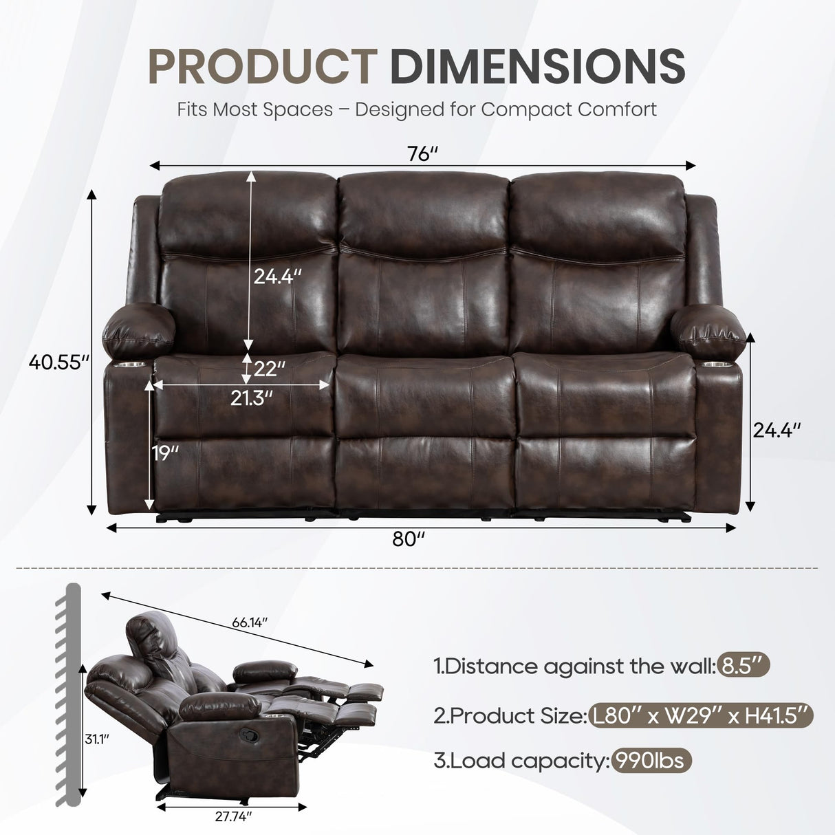 CALIVIA Manual Reclining 3-Seater Sofa with Heat & Massage, PU Leather Recliner Couch for Living Room, Faux Leather Upholstery, Deep Cushions & Sturdy Frame (Brown) CALIVIA