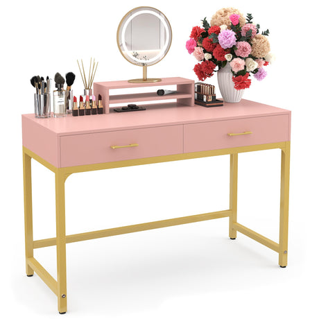 WESTREE Women Makeup Vanity Desk with 2 Drawers - Bedroom Home Office Desk, Wooden Height Monitor Stand & Storage Shelf Without Mirror, Pink Table Great Gift for Her WESTREE