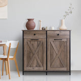 Arlopu Double Tilt Out Trash Cabinet, 20 Gallon Pet Proof Kitchen Pull Out Recycle Cabinet, Freestanding Wooden Laundry Sorter Cabinet, W/Drawer, Barn Door, for Home, Living Room, (Greige) Arlopu