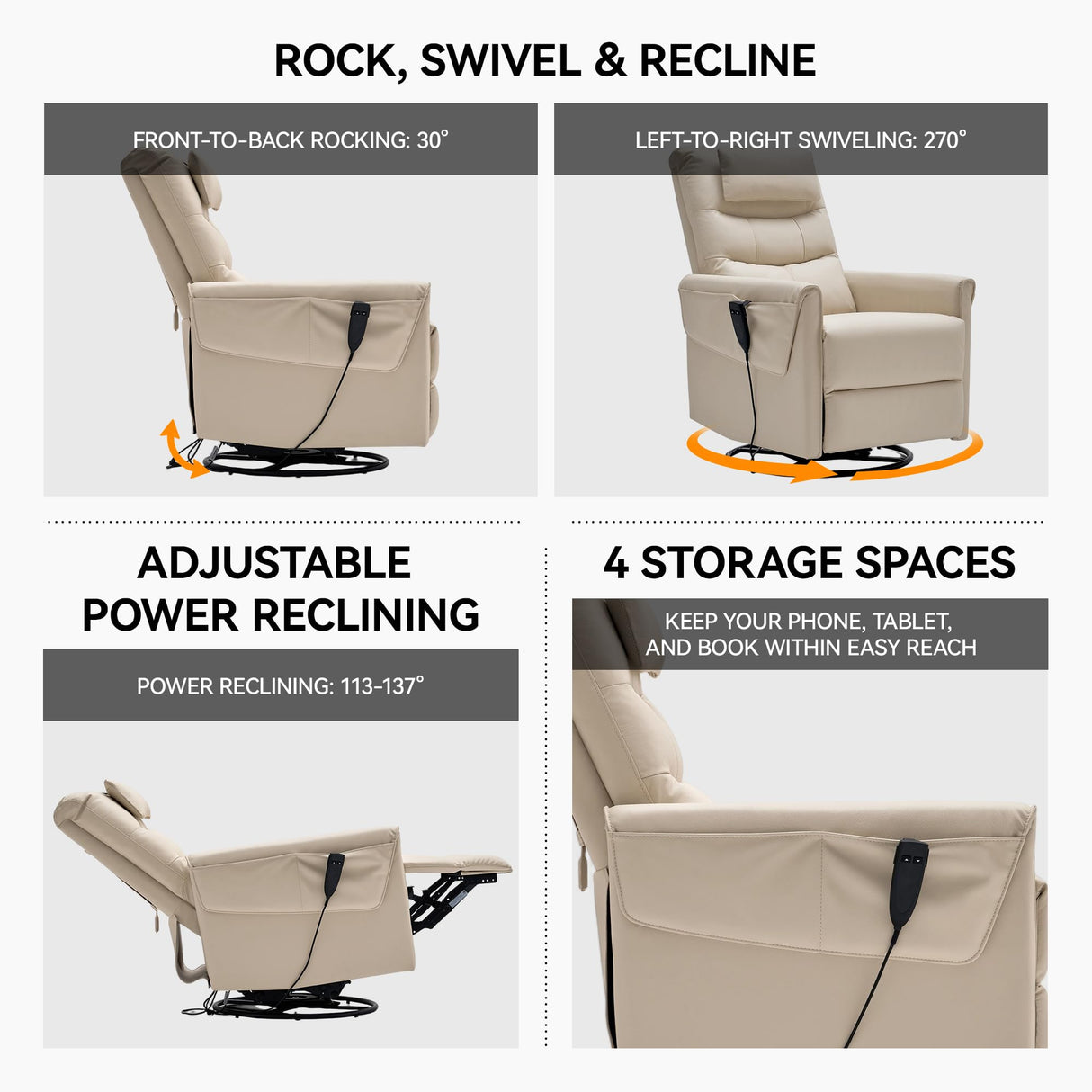 AIRSKY Genuine Leather Recliner Chair, Italian Water-Washing Process,Power Recliner Chair Electric Recliner Chairs for Adults, Swivel Rocker Recliner, Wall Hugger Recliners, Beige, P1 AIRSKY