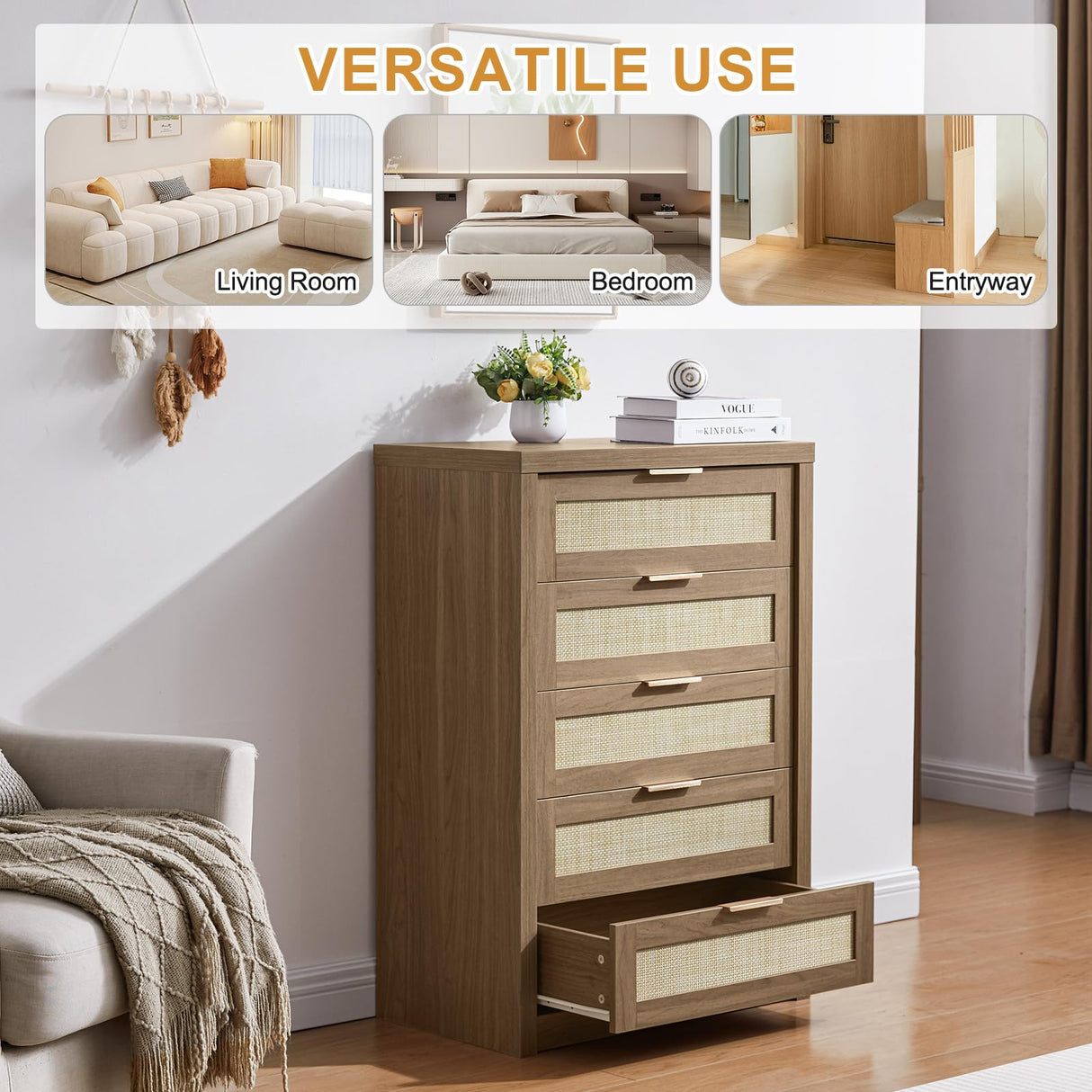 OAKHAM HOME 5 Drawer Rattan Dresser Storage Cane Cabinet, Modern Closet Dressers Chest of Drawers, Wooden Chest of Drawers Dresser for Bedroom, Entryway,Living Room, Special Walnut OAKHAM HOME