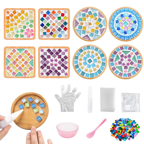 Adboros 8 Sets DIY Glass Mosaic Tiles for Crafts Mixed Color Mosaic Kits with Wooden Coaster for Adults Bamboo Coaster for Drinks Tray Handmade Home Decoration Adboros