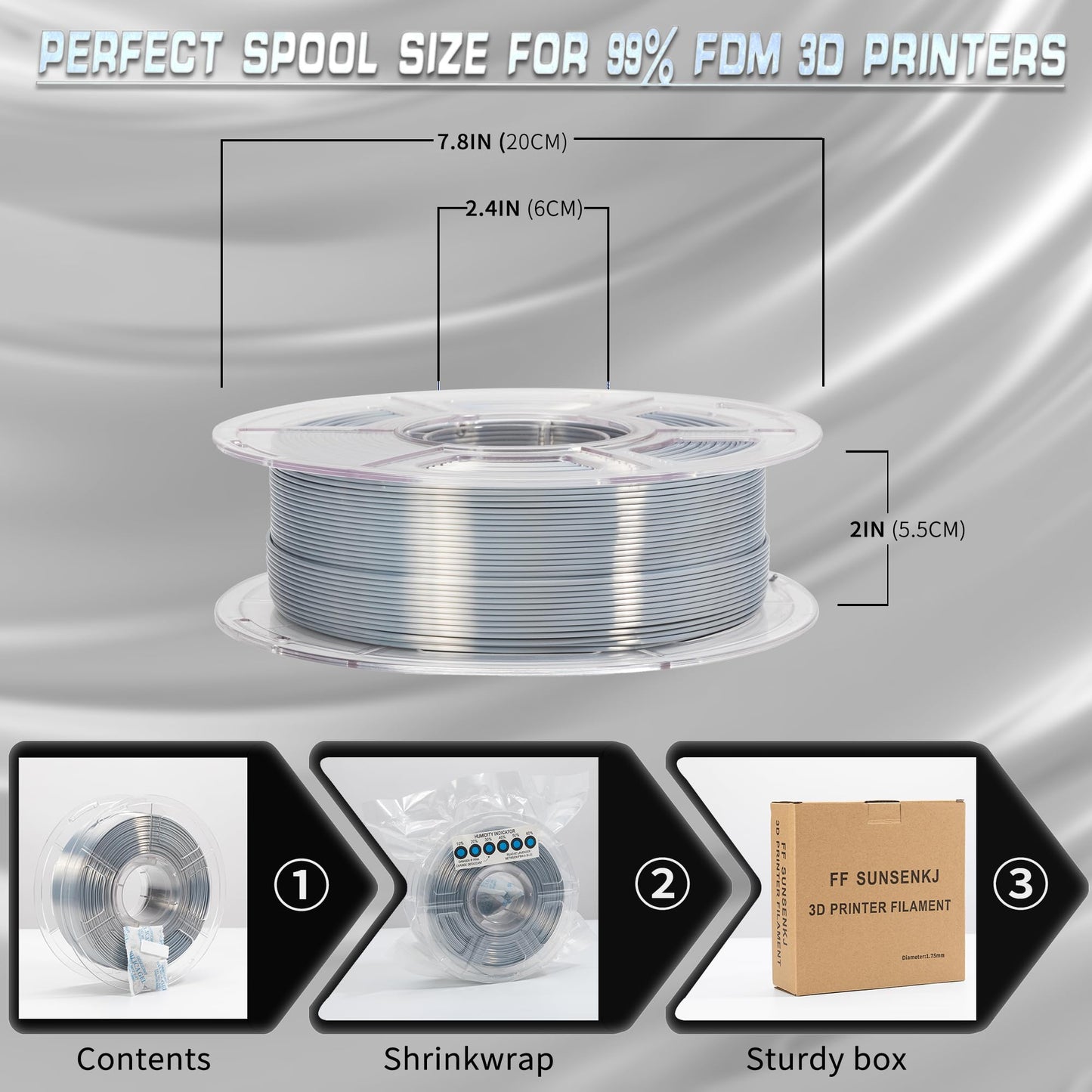 Silk Silver PLA Filament 1.75mm Shiny 3D Printer Filament 1KG Spool (2.2 lbs), Suitable for High Speed Silk Color PLA Filament Widely Support for FDM 3D Printers (Silk Silver)