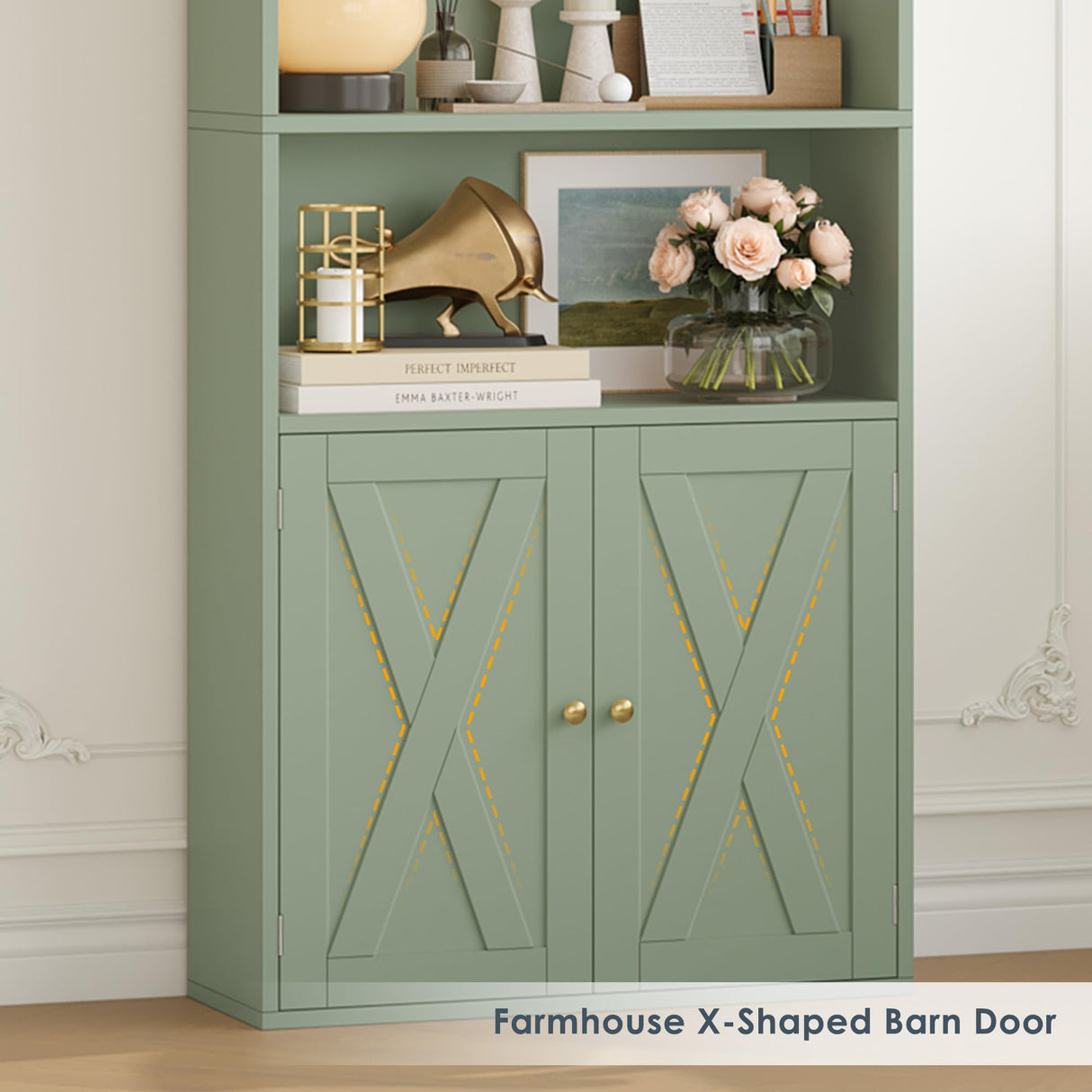 FACBOTALL 82" Tall Bookcase and Book Shelf, 24" Wide Bookshelf with Doors, 7 Tier Bookcase with Storage and Adjustable Shelf, Open and Display Farmhouse Bookshelf for Living Room, Home Office, Green FACBOTALL