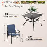 MIXPATIO 5-Piece Patio Table and Chairs Set for 4, Outdoor Dining Set with Blue Chairs and 37" Square Metal Umbrella Table for Deck Backyard Lawn MIXPATIO