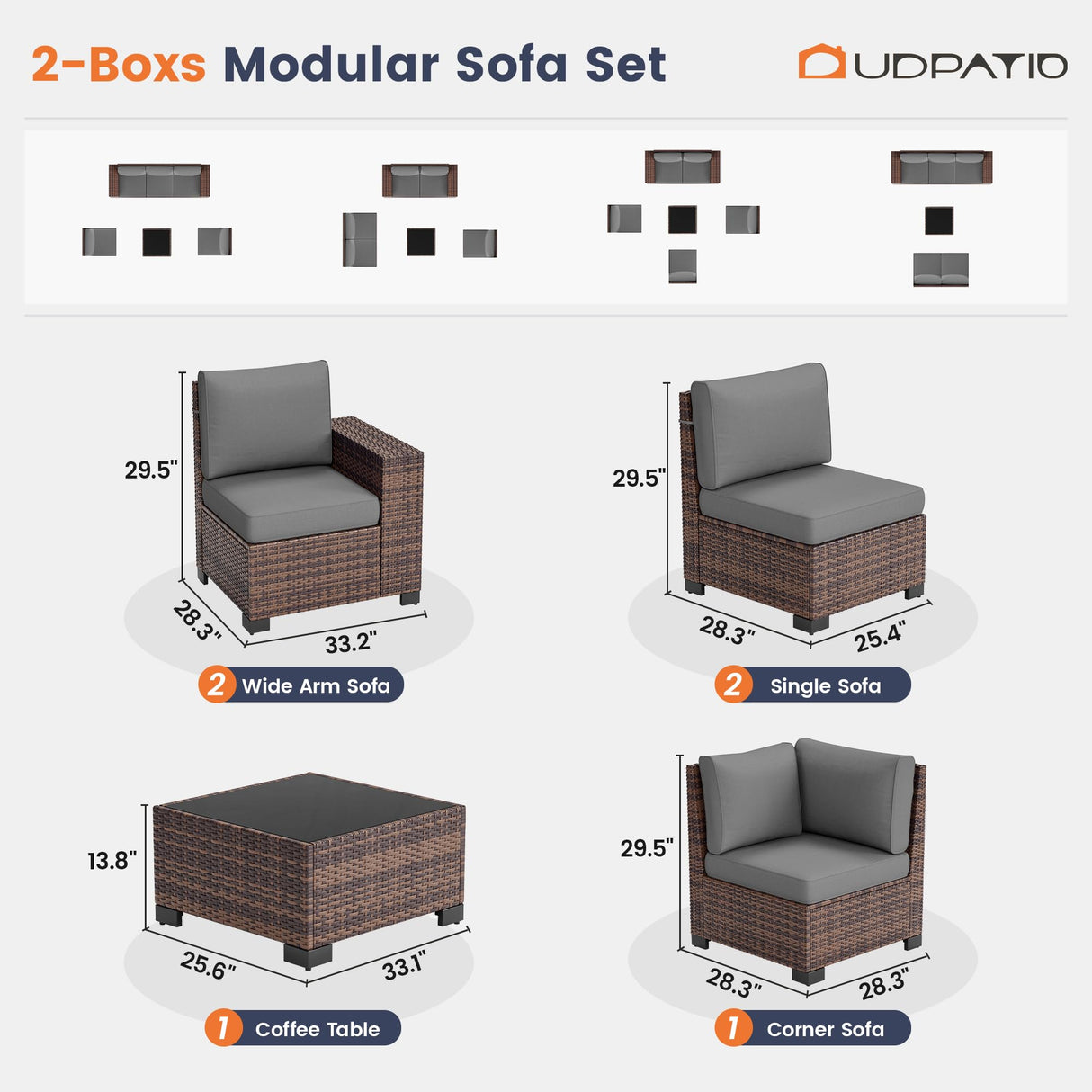 UDPATIO Patio Furniture Set, 8 Inch Armrest Outdoor Sectional Sofa, 6 Piece Wicker Outdoor Furniture Conversation Sets with Waterproof Cover and Coffee Table for Backyard Deck(Brown/Dark Grey) UDPATIO