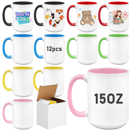 KisSealed 12 Pack Sublimation Mugs Blank,15oz Tazas Para Sublimacion,DIY Coated Ceramic Coffee Mug for Milk Tea Latte Hot Cocoa,Porcelain Sublimacion Cups with Box,Assorted Colors KisSealed