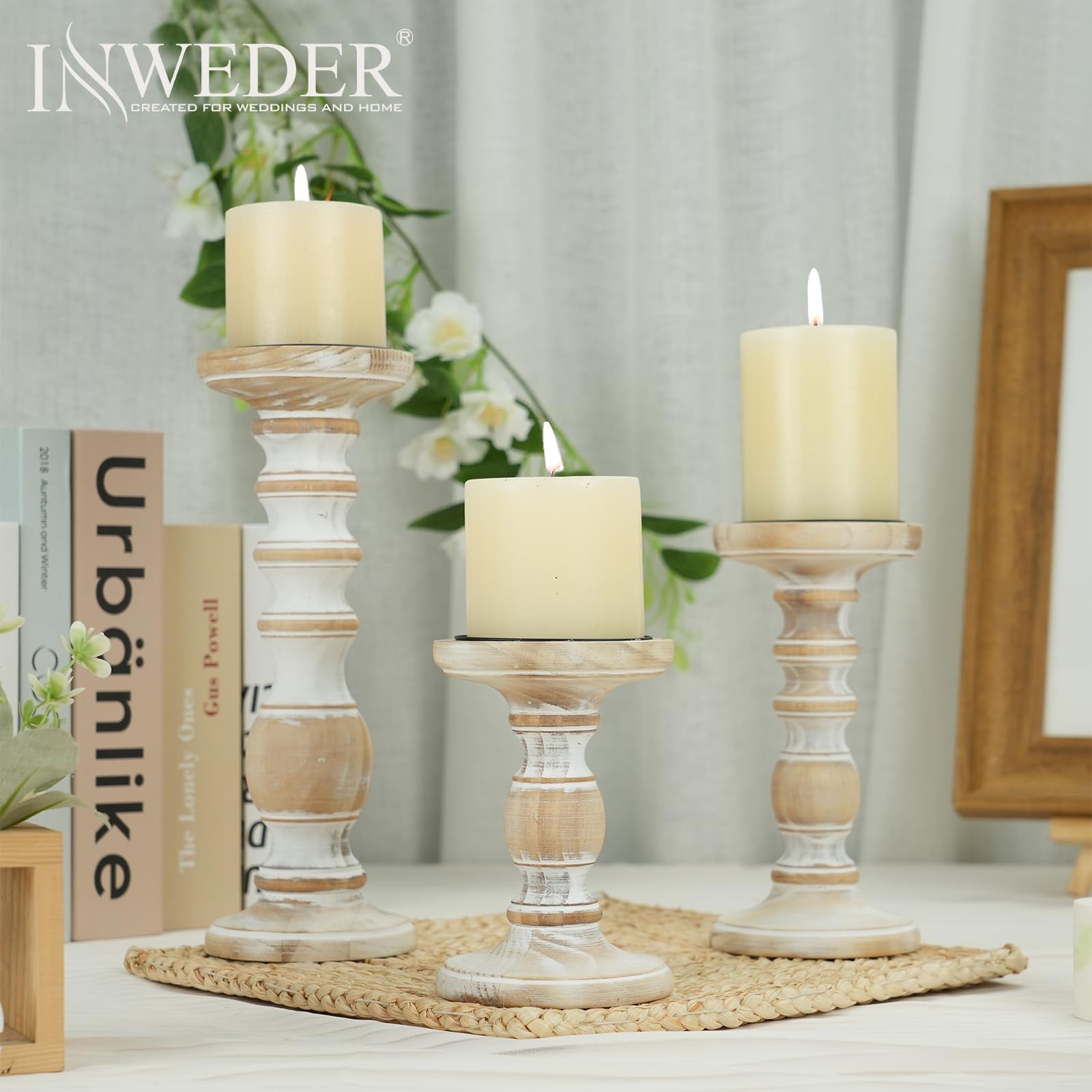 Wood Candle Holders for Pillar Candles: 3Pcs White Rustic Wood Candle Holders Distressed Wooden Farmhouse Candle Holders Rustic Candle Holder Tall Pillar Candle Holder Stand for Fireplace Tab - WoodArtSupply