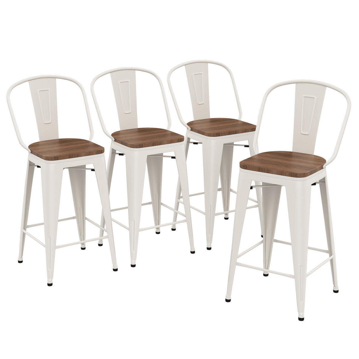 Yongqiang 30 inch Bar Stools Set of 4 Farmhouse Bar Height Stools High Back Kitchen Bar Chairs Cream White Metal Barstools with Large Wooden Seat Yongqiang