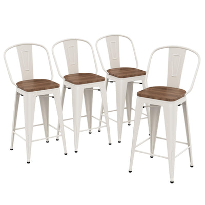 Yongqiang 30 inch Bar Stools Set of 4 Farmhouse Bar Height Stools High Back Kitchen Bar Chairs Cream White Metal Barstools with Large Wooden Seat