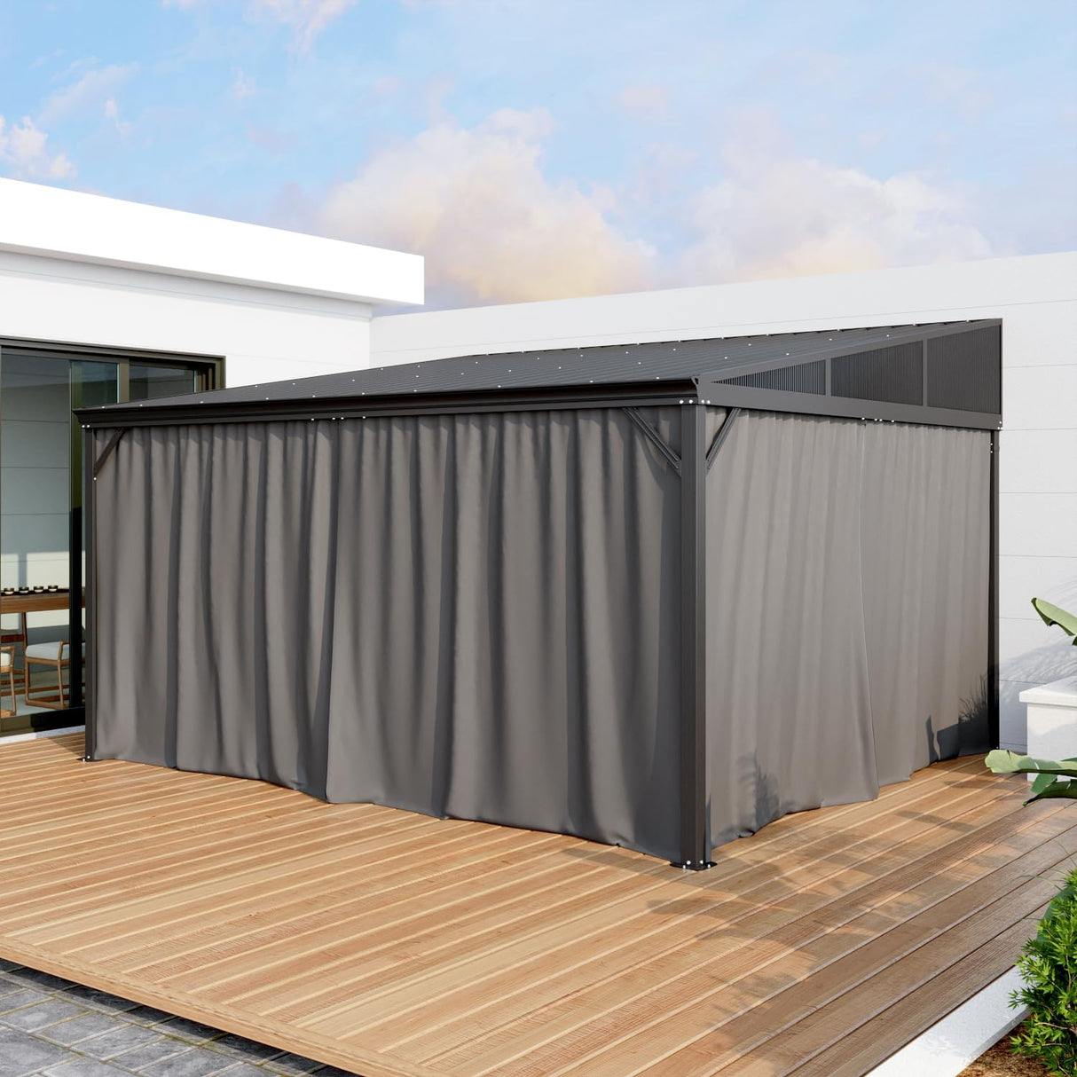 Homsee 12x14 FT Wall Mounted Gazebo with Curtains & Netting, Hardtop Lean to Gazebo with Galvanized Iron Roof & Aluminum Frame, Outdoor Pergola for Patio, Deck, Backyard, Black Homsee