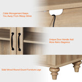 WAMPAT Farmhouse TV Stand for TVs Up to 75 inch, 4-Door Glass and Wood Universal TV Console with 9 Storage Cabinets, Oak Entertainment Center Table for Living Room Bedroom，70'' WAMPAT