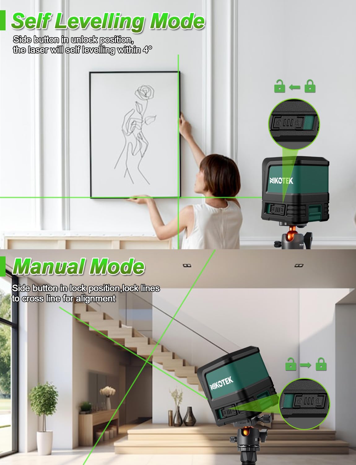 Nikotek Laser Level, Self-leveling Green Line Laser With Horizontal and Vertical Lines for Construction and Picture Hanging, Battery Included Nikotek
