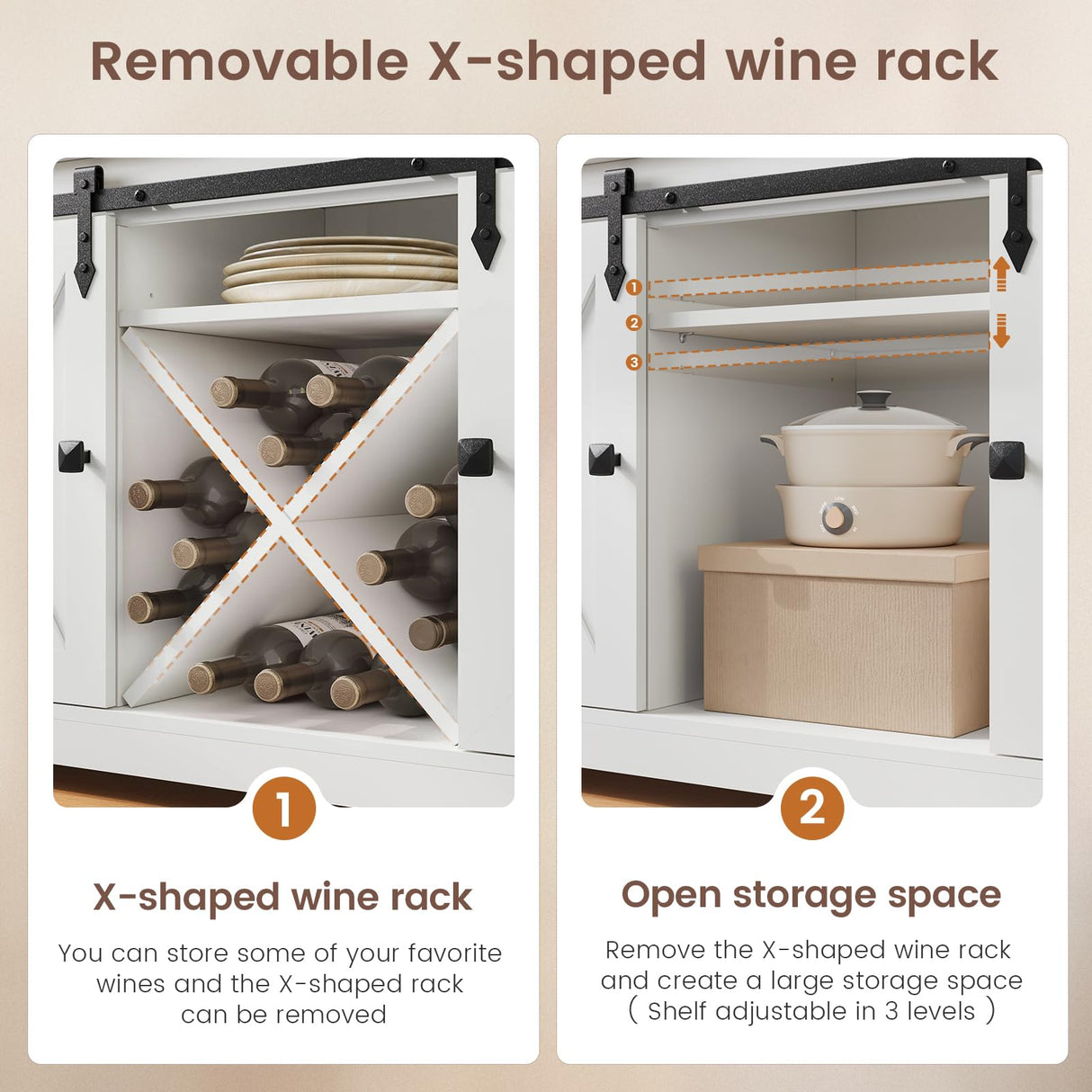 DICTAC Farmhouse Buffet Cabinet with Storage Coffee Bar Station Cabinet with Power Outlet and LED Light, Tall Bar Cabinets with Sliding Barn Door and Wine Glass Rack for Kitchen, Living Room,White DICTAC