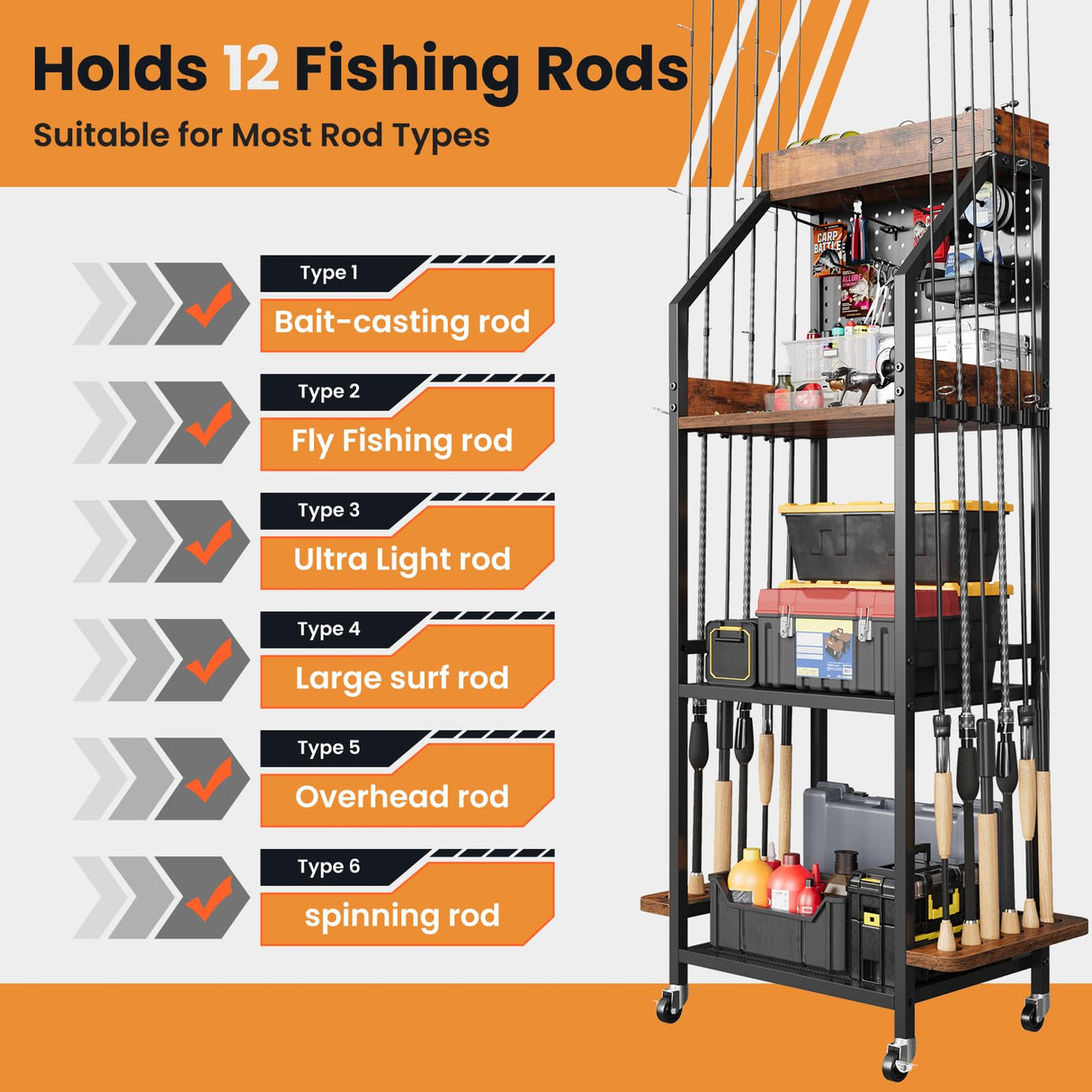 KITIVIALA Fishing Rod Holder for Garage with Hooks & Pegboard, 3-Tier Fishing Pole Rack Holds 12 Rods, Rolling Fishing Rod Storage Organizer with Wooden Tool Box, Fishing Tackle Shelf for Anglers KITIVIALA