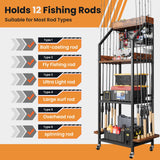 KITIVIALA Fishing Rod Holder for Garage with Hooks & Pegboard, 3-Tier Fishing Pole Rack Holds 12 Rods, Rolling Fishing Rod Storage Organizer with Wooden Tool Box, Fishing Tackle Shelf for Anglers KITIVIALA