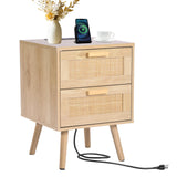VEVOR Rattan Nightstand, Boho Bedside Table with 2 Drawers, Rattan End Table Nightstand with Solid Wood Legs, Rattan Bedside Table with Charging Station, for Bedroom, Study & Living Room VEVOR