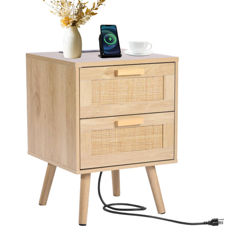 VEVOR Rattan Nightstand, Boho Bedside Table with 2 Drawers, Rattan End Table Nightstand with Solid Wood Legs, Rattan Bedside Table with Charging Station, for Bedroom, Study & Living Room VEVOR