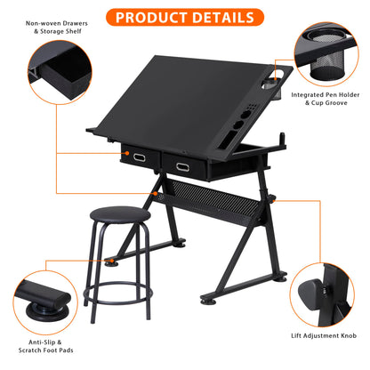 BBBuy Drafting Table Drawing Desk Art&Craft Work Station Height Adjustable Tilting Tabletop Craft Table Desk w/Stool and 2 Storage Drawers for Home Office Study Room, Black