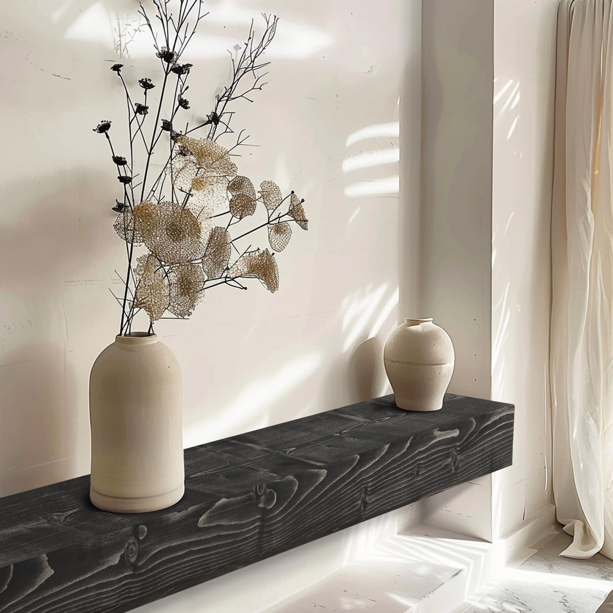 YLYHSST 60" Fireplace Mantel, 3'' Thick Handmade Rustic Solid Wood - Wall Long Floating Shelf with Invisible Metal Bracket, Black YLYHSST