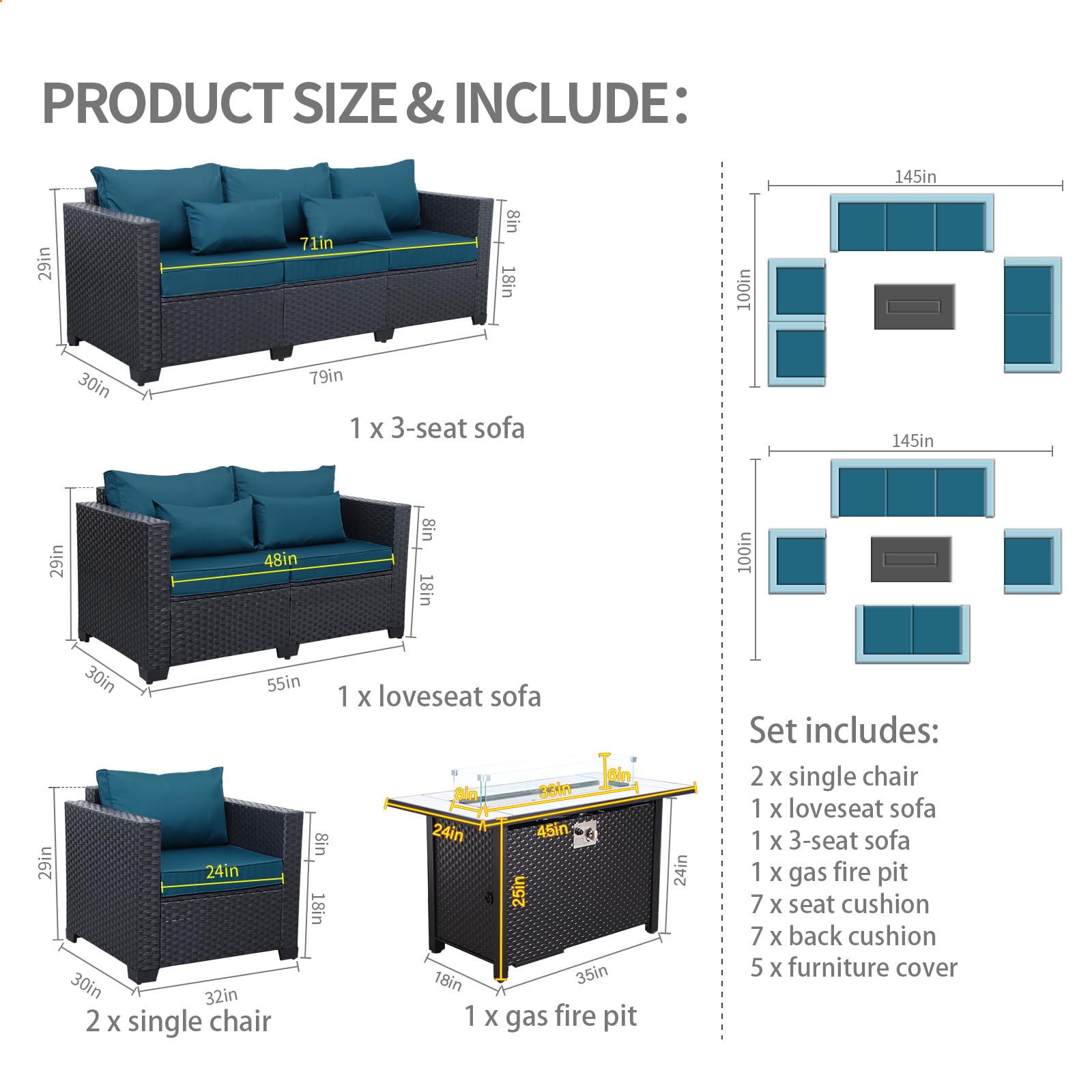 Rattaner Patio Furniture Set with 45In Fire Pit 5 Pieces Outdoor Furniture Sets Patio Couch Outdoor Chairs 60000 BTU Steel Propane Fire Pit Table No-Slip Cushions and Waterproof Covers, Peaco - WoodArtSupply