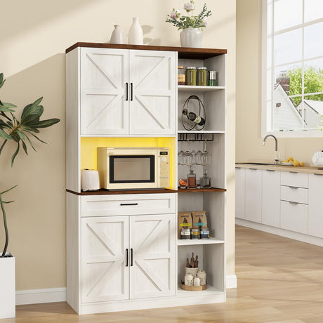Zevemomo Kitchen Pantry Storage Cabinet with LED Lights and Charging Station, 71" Tall Kitchen Hutch Buffet Cabinet with Door Glass Holder and Drawers, Freestanding Wood Cupboard (Antique White) Zevemomo