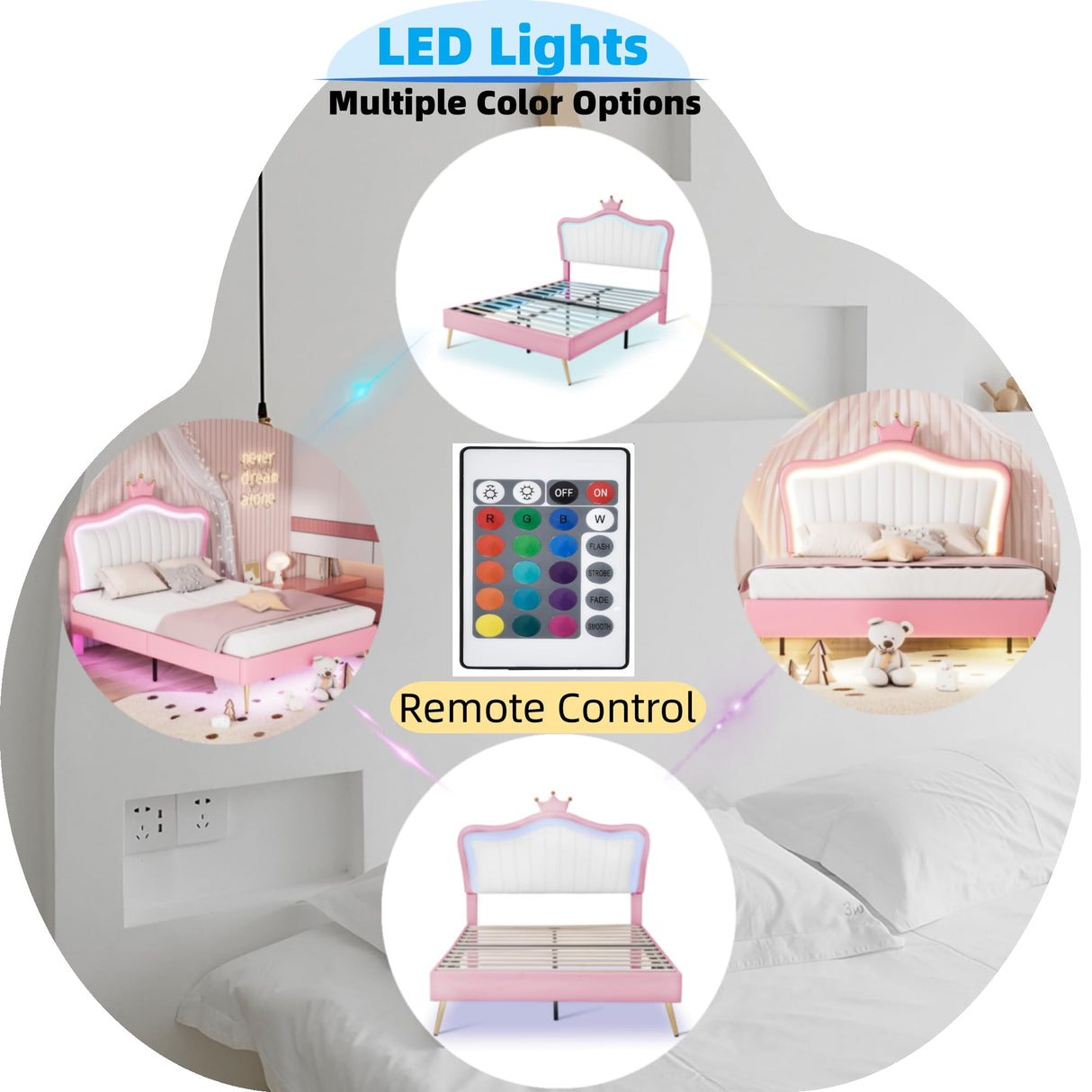 Linique Full Size Upholstered Bed Frame with LED Lights, Modern Upholstered Princess Bed with Crown Headboard, White+Pink Linique