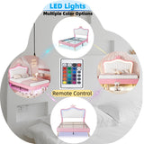 Linique Full Size Upholstered Bed Frame with LED Lights, Modern Upholstered Princess Bed with Crown Headboard, White+Pink Linique