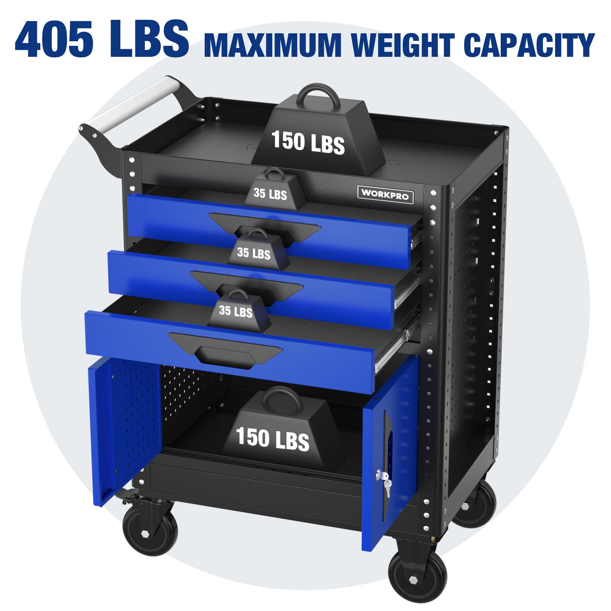 WORKPRO 27.5 Inch 3-Drawer Rolling Tool Chest with Wheels, Portable Steel Tool Cabinets with Drawers, Liners and Locking System for Warehouse, Garage, Black and Blue WORKPRO