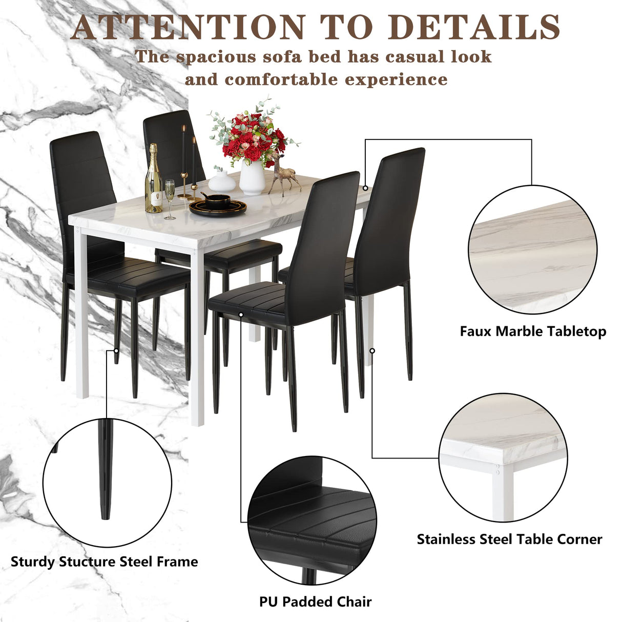 Hooseng Dining Table Set for 4- Space Saving Kitchen Table and Chairs for 4, Modern Style Faux Marble Tabletop & 4 PU Leather Chairs, Perfect for Dining Room,Breakfast Corner Small Spaces,White&Brown Hooseng