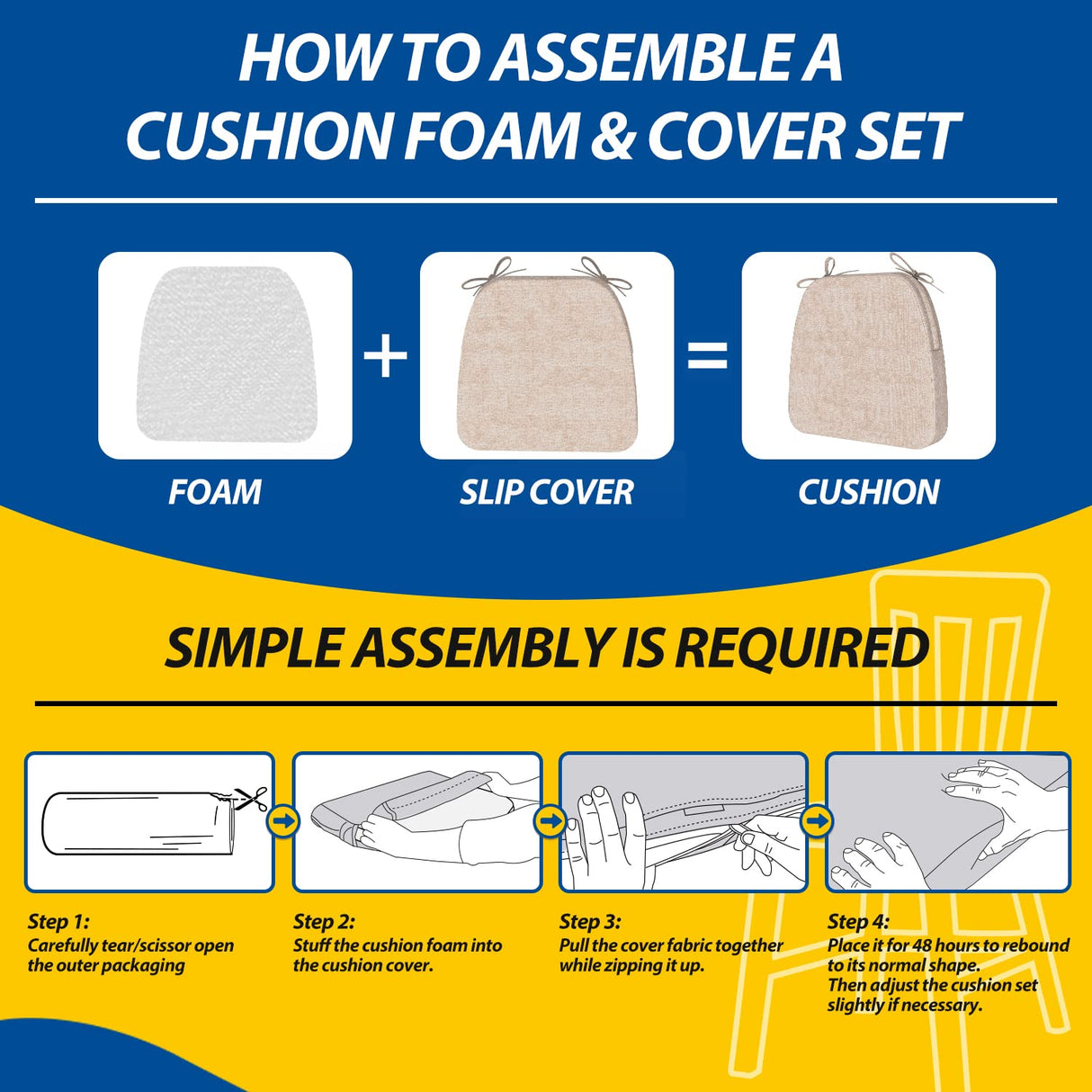 AAAAAcessories D-Shaped 2'' Thick Chair Cushions, Removable, Machine Washable Cover and Ties, Chair Pads for Indoor Dining Room and Kitchen Chairs, 17'' x 16'', Set of 4, Beige AAAAAcessories